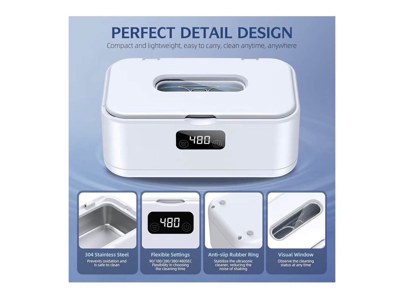 Ultrasonic Jewelry Cleaner, 50Khz 24oz – 304 Stainless Steel Tank, Digital Timer