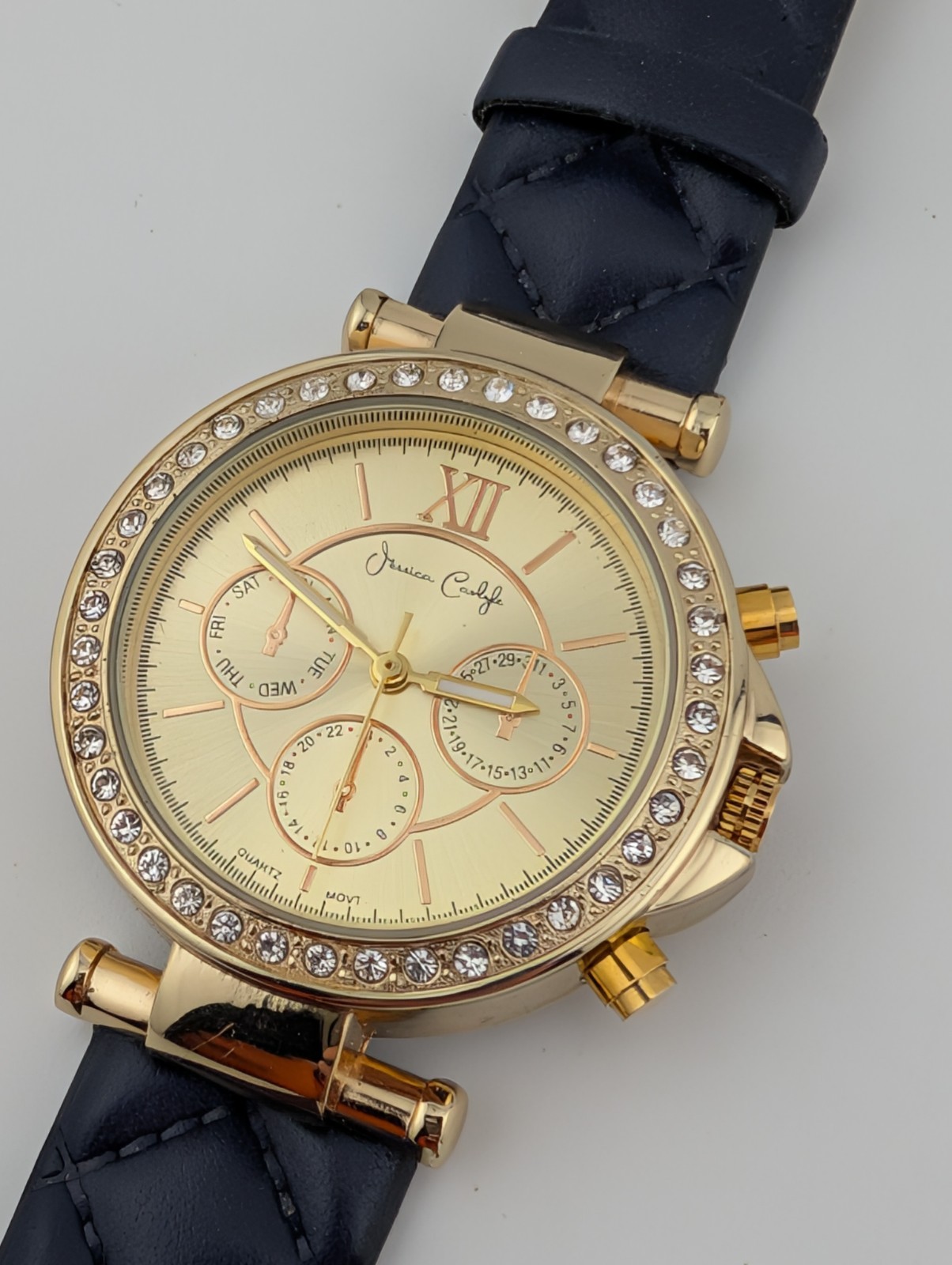 Jessica Carlyle Watch Women 36mm Gold Case Navy Blue Band- New Battery