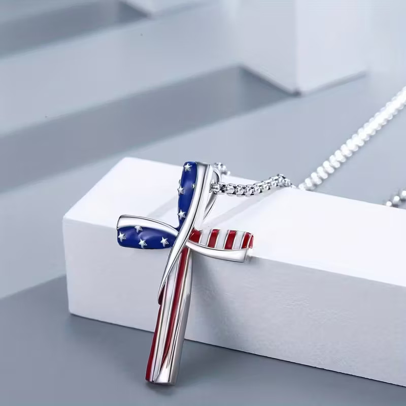 Patriotic American Flag Cross Necklace-Silver Tone Finish-Eye Catching Accessory