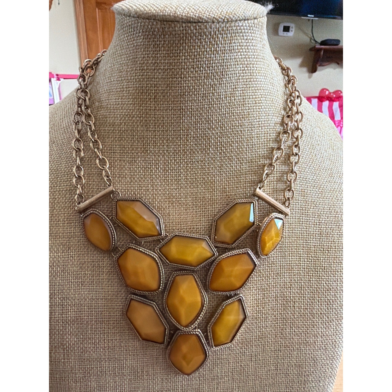 Mustard Yellow Geometric Bib Statement Necklace Gold Tone Chunky Resin Stones