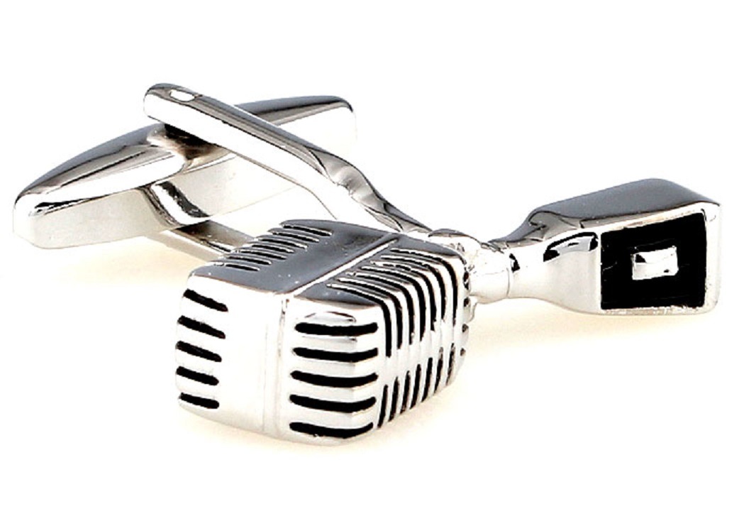 Microphone Pair Cufflinks Silver Black DJ Wedding Gift Box & Polishing Cloth