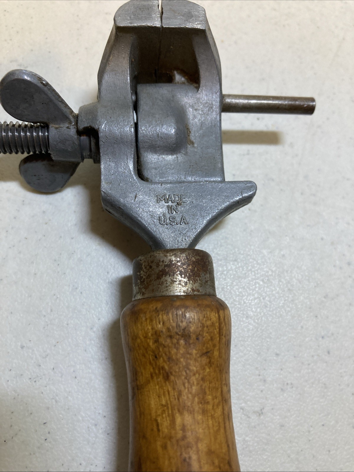 Vintage 1-1/4″ wide, 1″ cap. Watchmaker /Jeweler/Gunsmith Wood Handle Hand Vise.