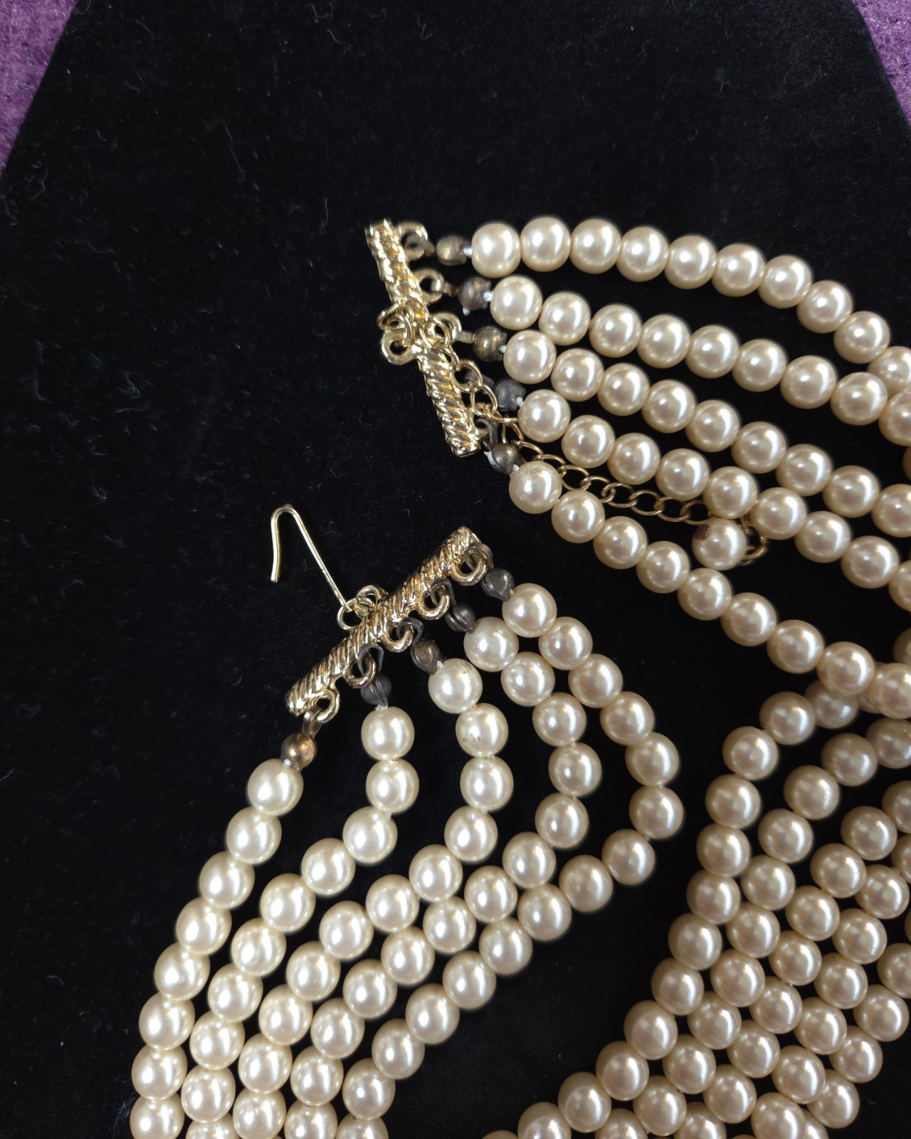 Vtg 1950s 5-Strand Faux Pearl Choker Necklace Clip-On Earrings Set Mid Century