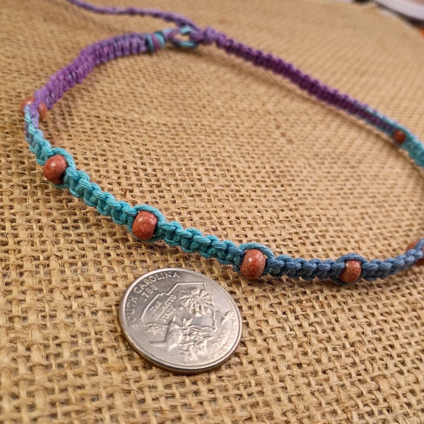 New Hemp Choker Necklace W/ Tiny Wood Beads 14-18 in Macrame Minimalist Handmade