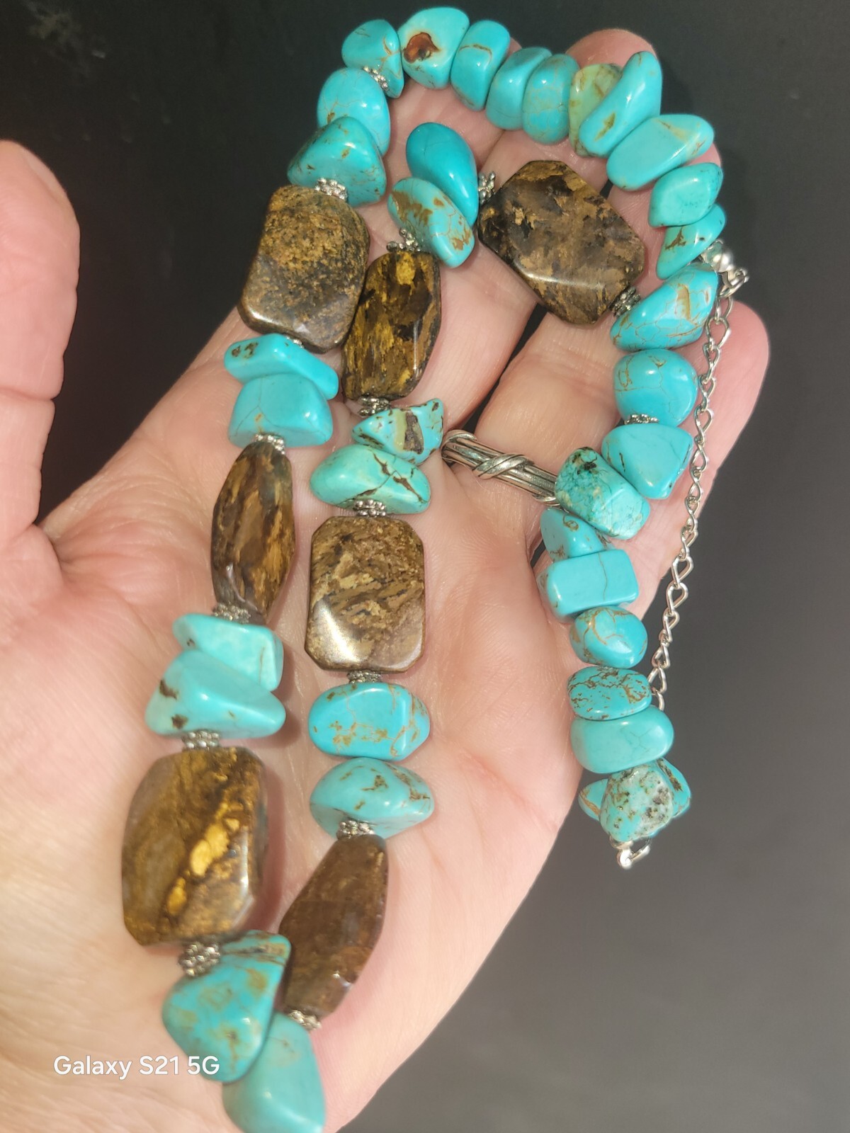 Turquoise-Bronzite Necklace 20″ Long Boho Chic Artisan Made Adjustable OOAK
