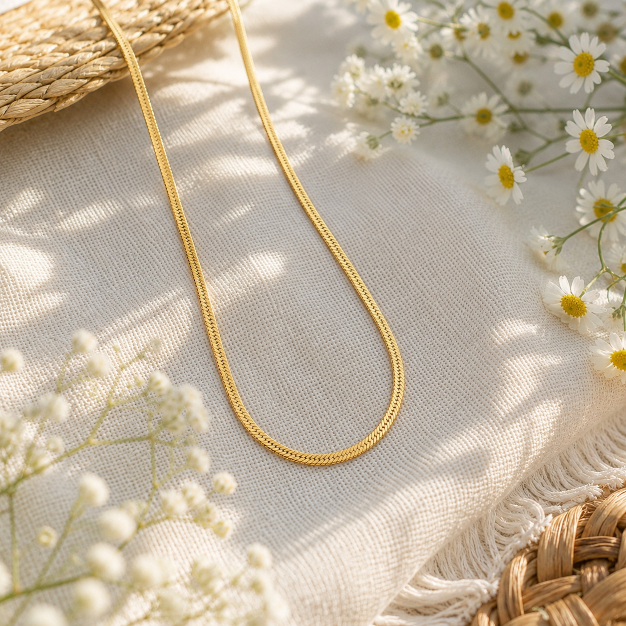 18K Gold Plated Herringbone Necklace for Women & Men, Premium Stainless Steel Fl