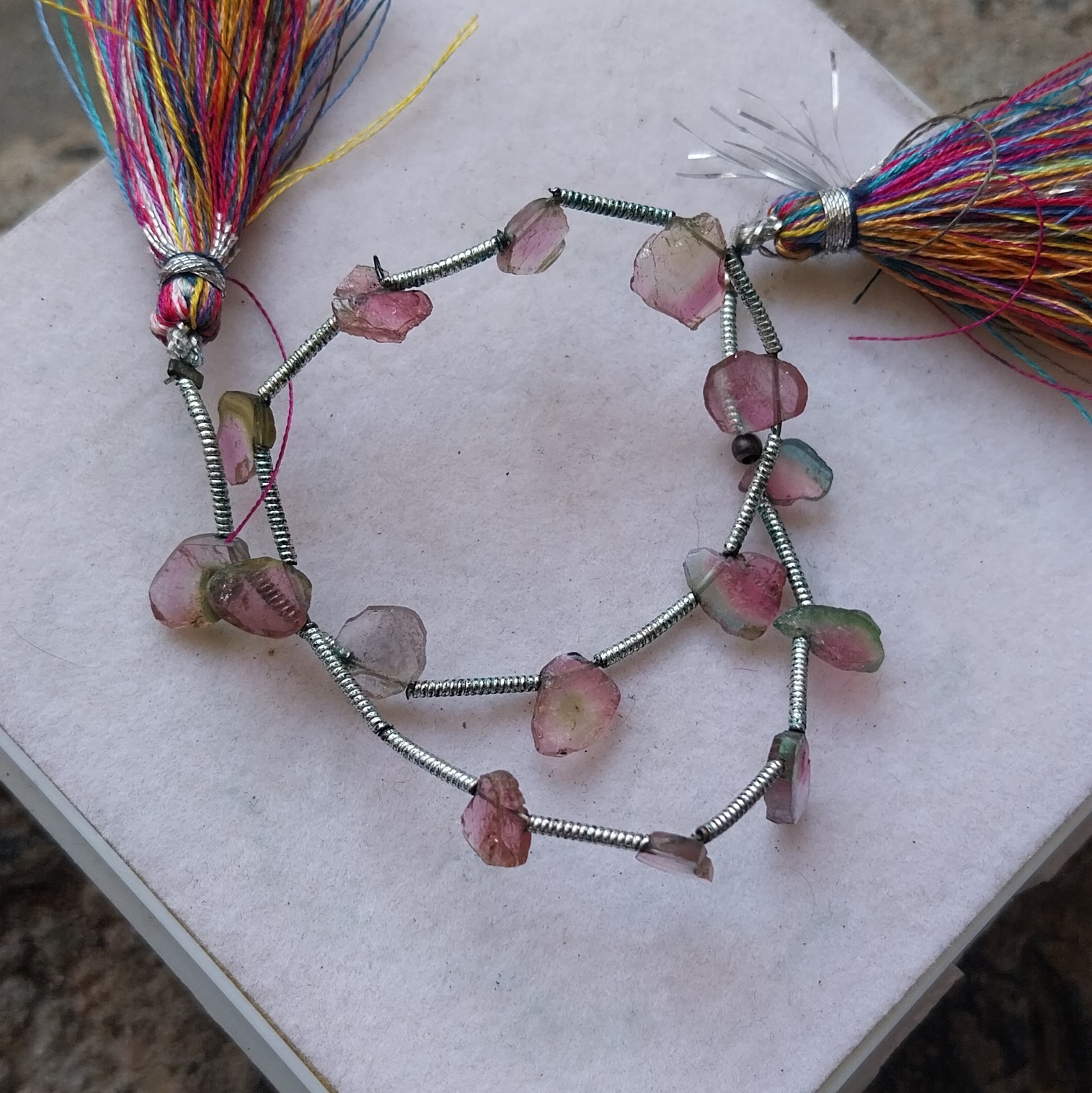 15 Carat Natural Watermelon Pink Bi-Color Tourmaline Slice 8 Inch Necklace