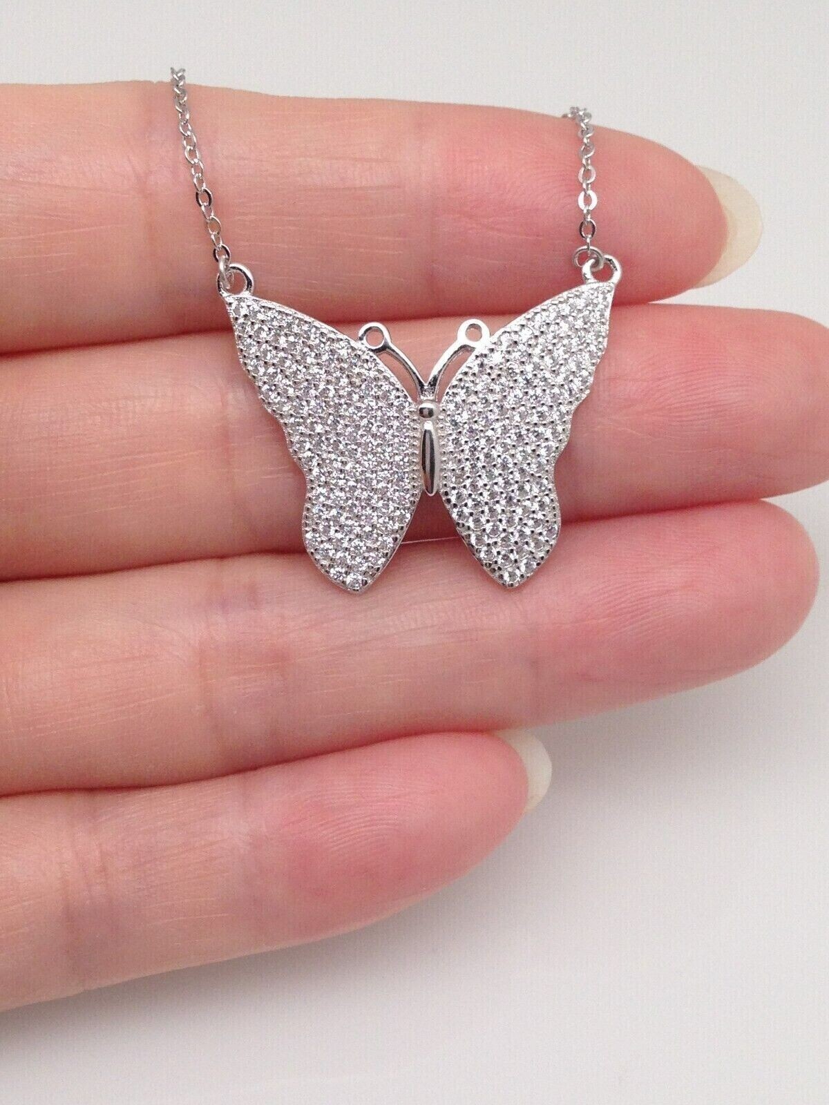 925 Sterling Silver CZ Butterfly Pendant Necklace Pave 25mm(0.98′) 16.75″