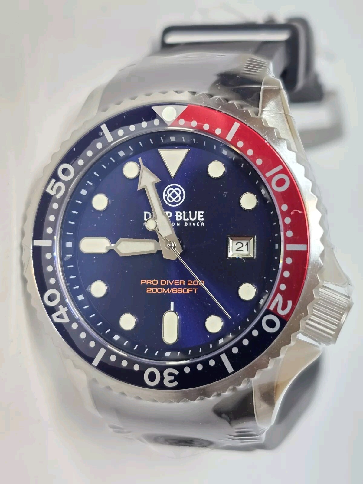 Deep Blue 41mm Pro Sea Diver 200 Quartz Silicone Strap Watch Blue Red