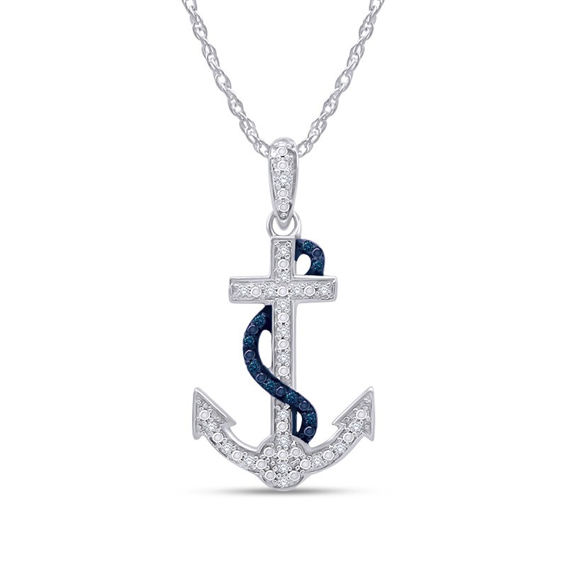 1/10ct Real Blue & White Diamond Anchor Pendant 18″ Necklace 925 Sterling Silver