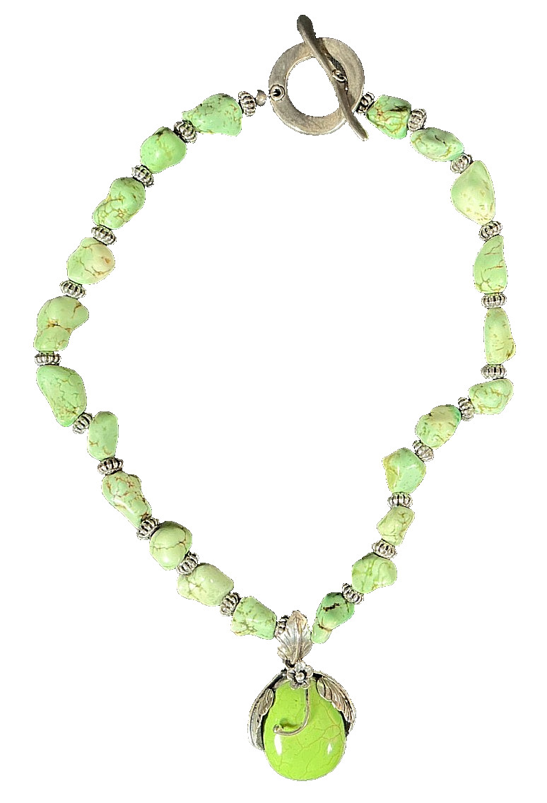 Artisan Sterling Silver 925 Chunky Lime Green Gaspeite / Turquoise Necklace 93 g