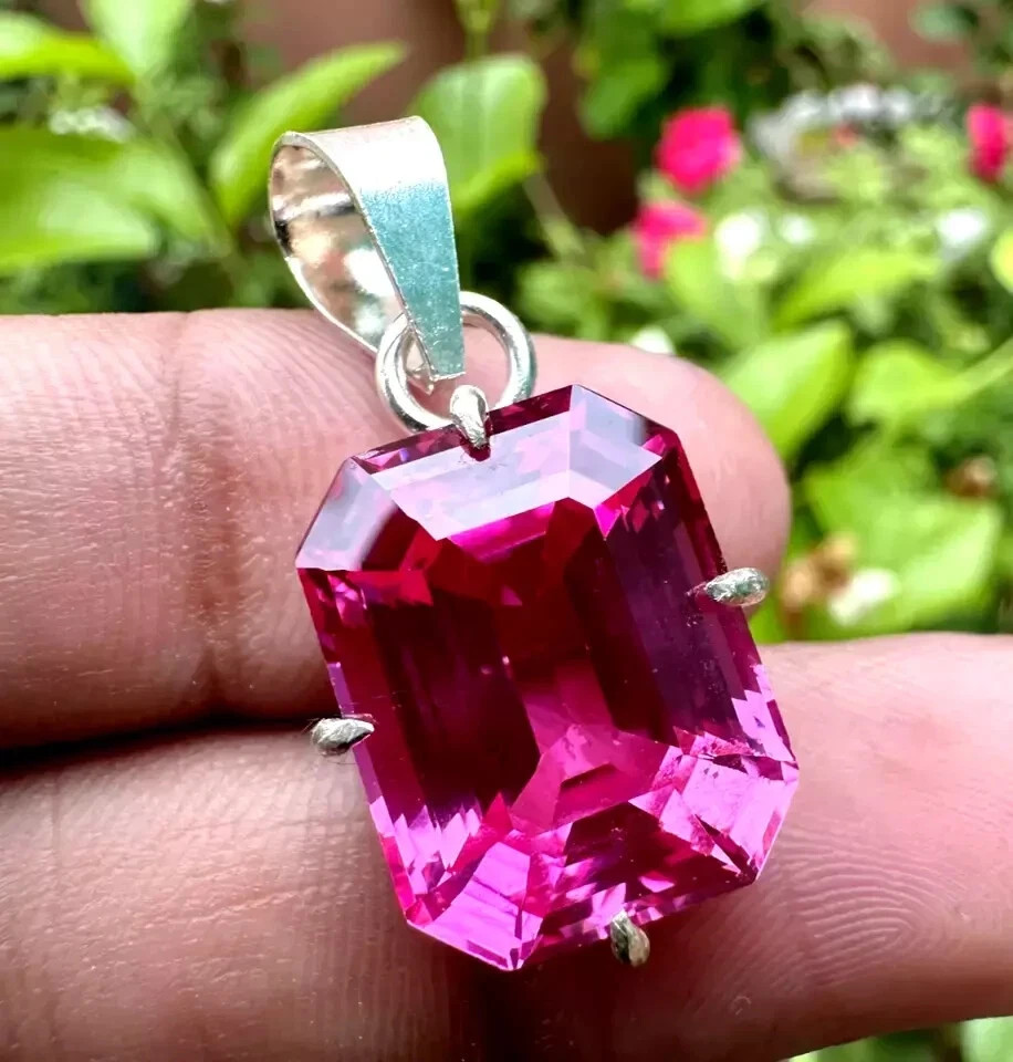 23.14 Ct A++ Natural Pink Sapphire Emerald Cut 925 Solid Silver Pendant Gemstone