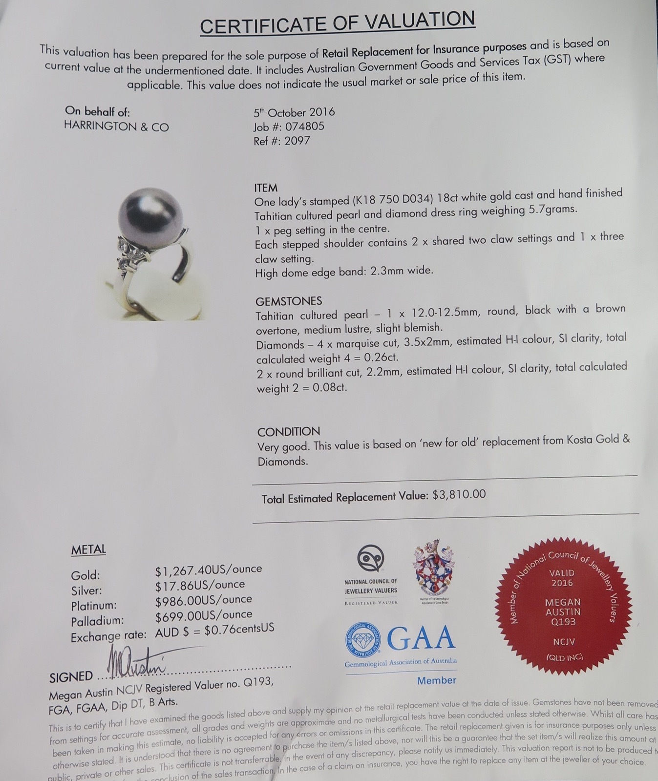 .A STUNNING TAHITIAN CULTURED PEARL & DIAMOND SET DRESS RING VAL $3810