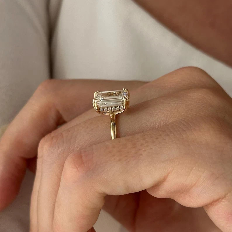 IGI 3 Ct Emerald Cut EF/VS2 Lab Grown Diamond Hidden Halo Wedding Ring 14K Gold