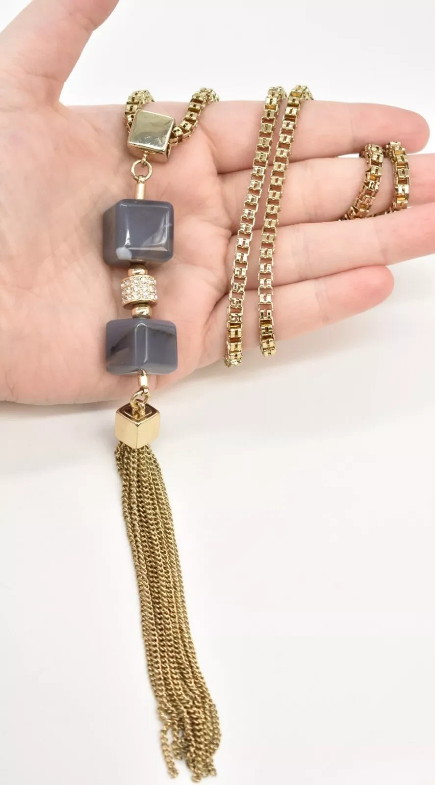 30″ White House Black Market Crystal/Gray Agate Gold-T Box Chain Tassel Necklace