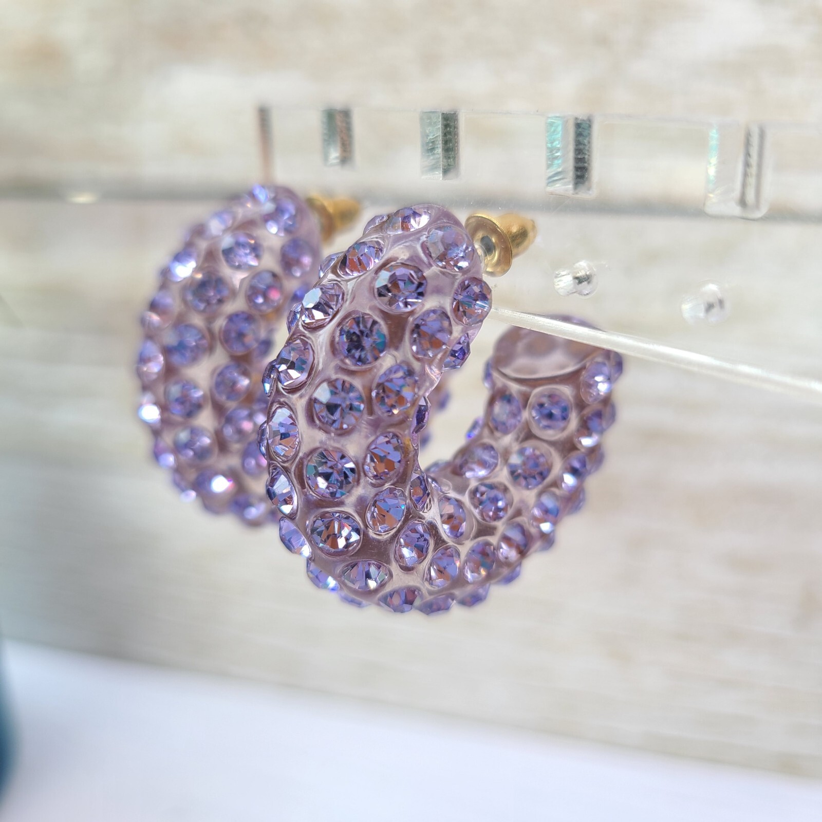Lavander Boho Statement Chunky Lucite Translucent Rhinestone Paved Hoop Earrings