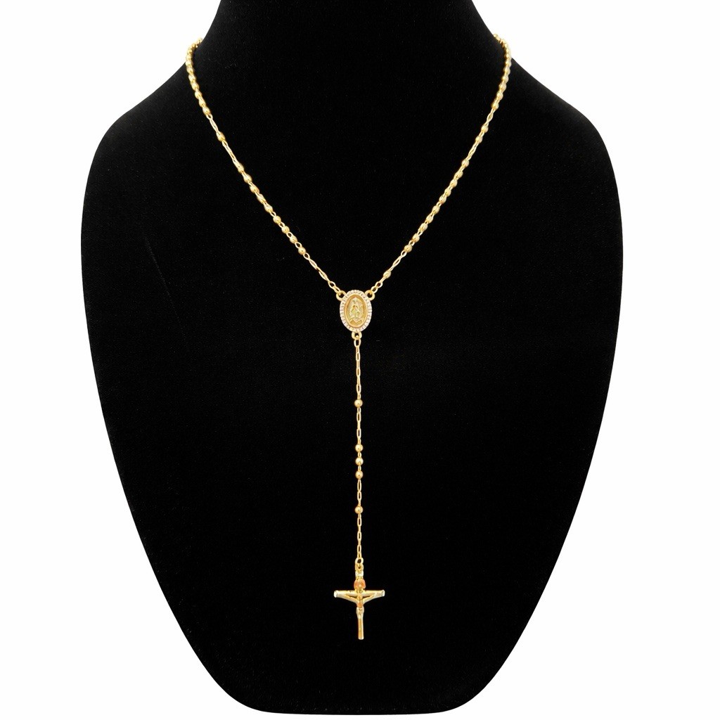 18K Gold Plated Rosary Necklace Beaded 18.5” Virgin Mary Cubic Zirconia Crucifix