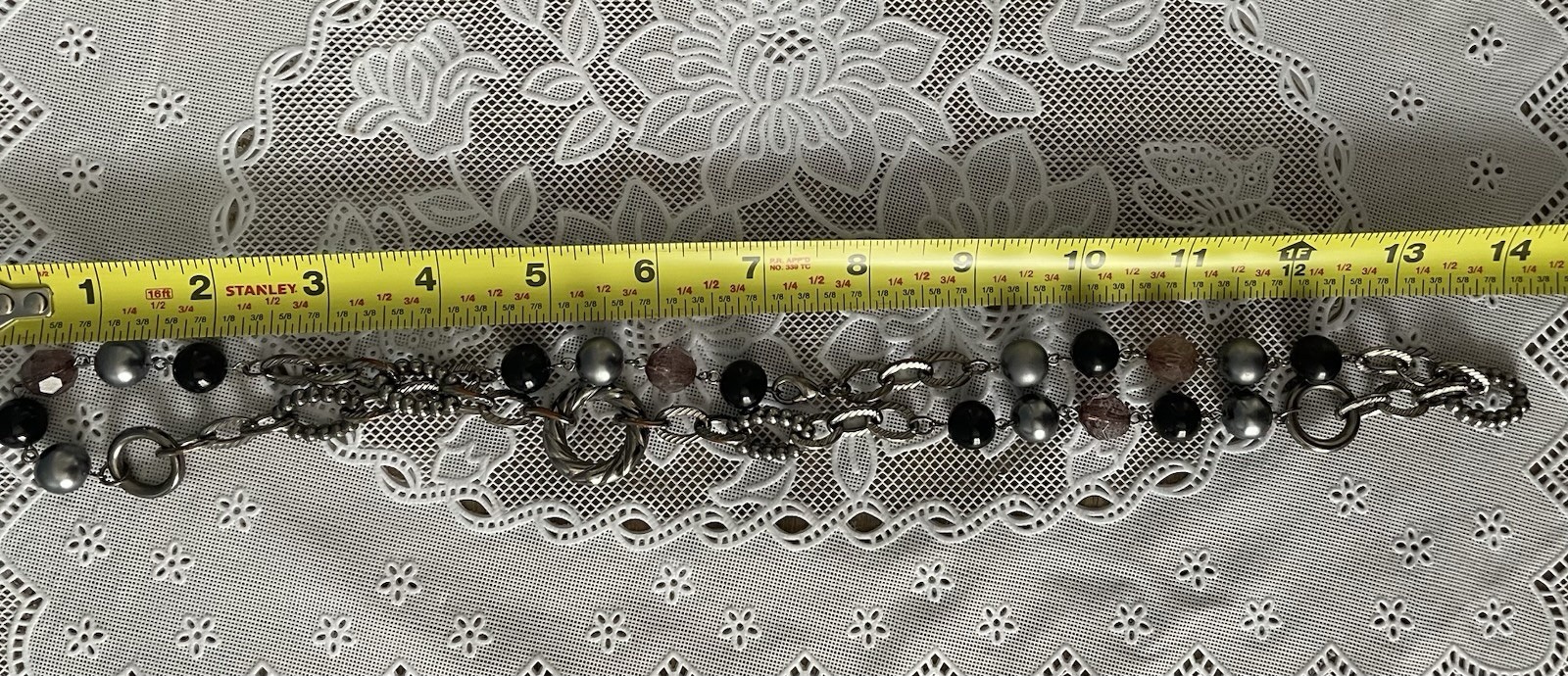 Silver Toned Interlocking Circles and Black Silver and Pink Beaded Necklace