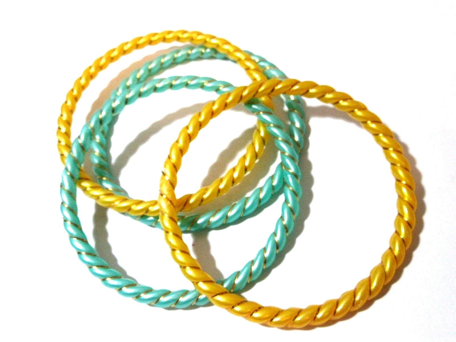 Blue an Yellow Set of Four Vintage Bangle Bracelets Thin Gold Tone Foil Wrap
