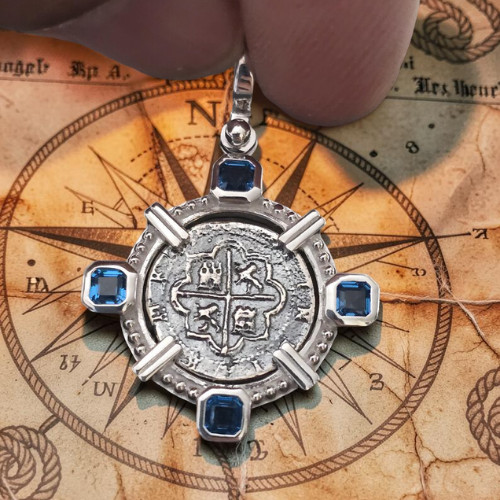 Atocha Silver Coin Pendant Blue Topaz Bezel Sterling Shipwreck Certificate