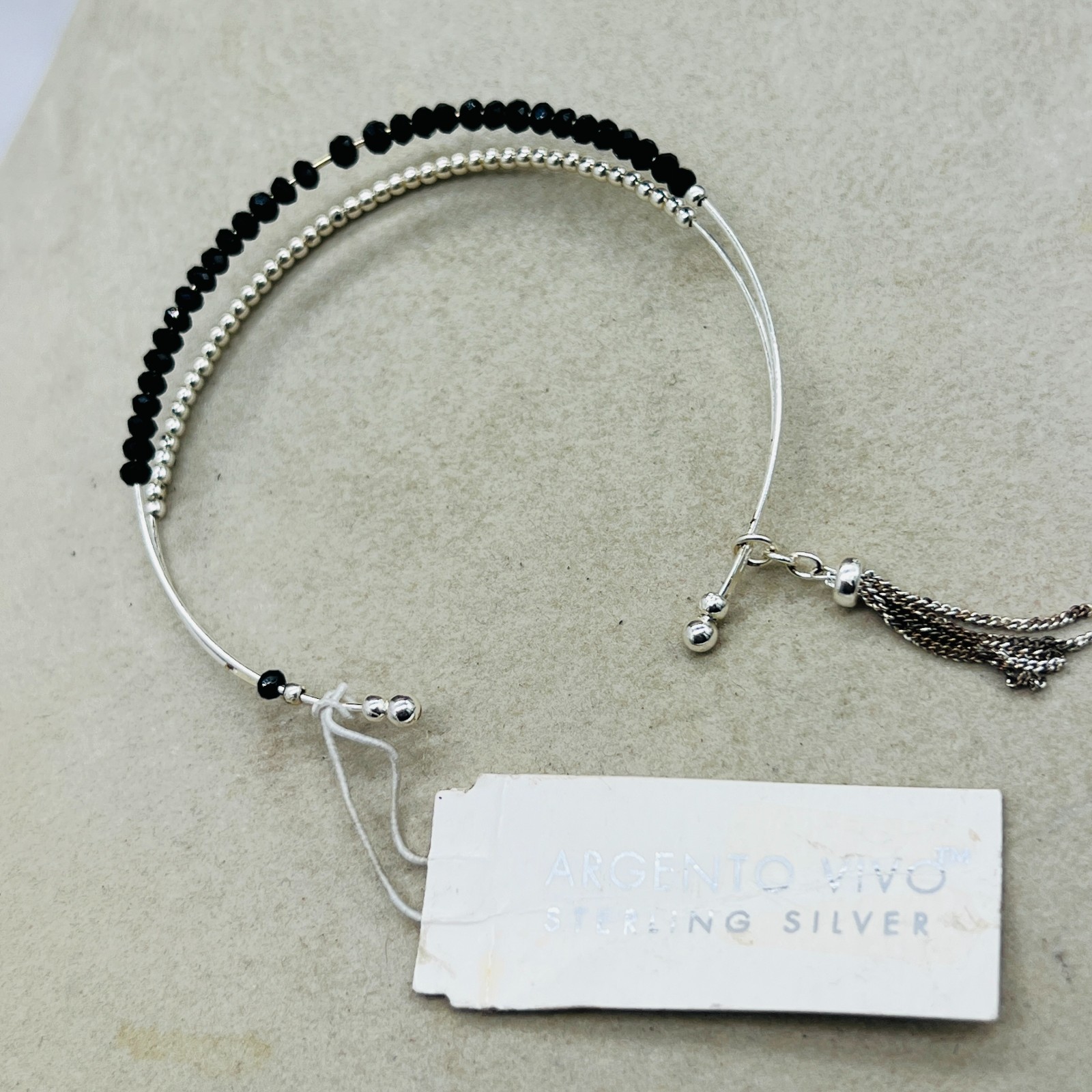 Argento Vivo Sterling Silver 925 Open Cuff Beaded Bracelet Tassel Charm NWT