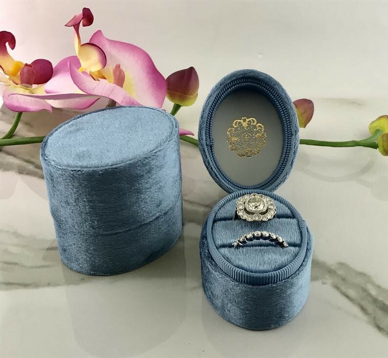 Oval Velvet Ring Box – Double Slots  Handmade Keepsake Vintage engagement Ring 