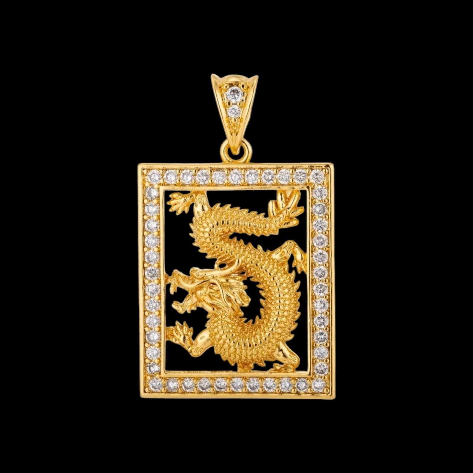 24K Gold Micro Pave CZ Dragon Tablet Pendant Chinese Zodiac Legend Animal Charm