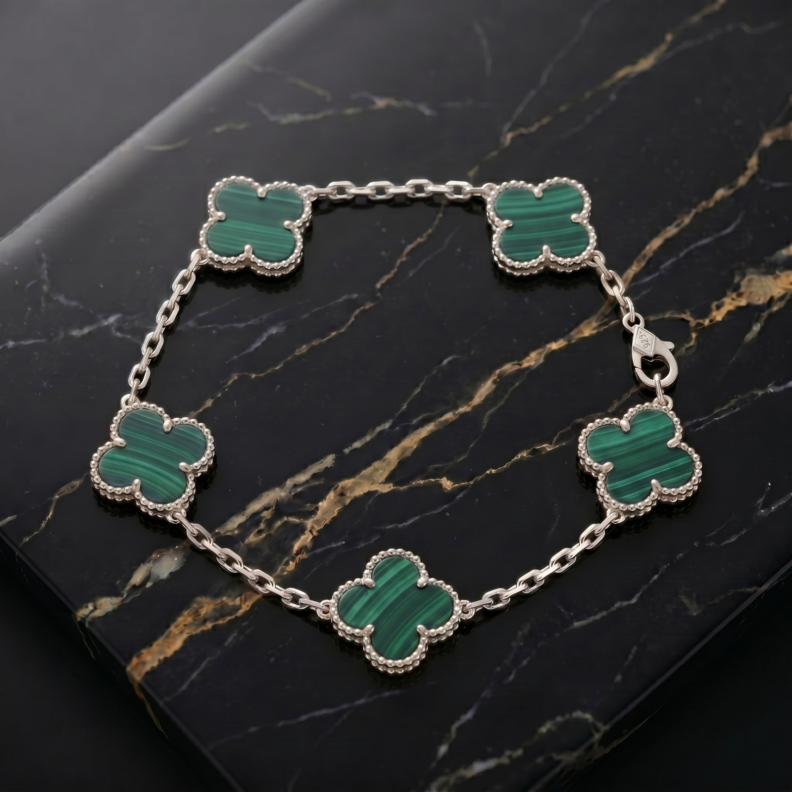 Natural Green Malachite Bracelet 7-8″ inch 14k Gold Over 925 Sterling Silver