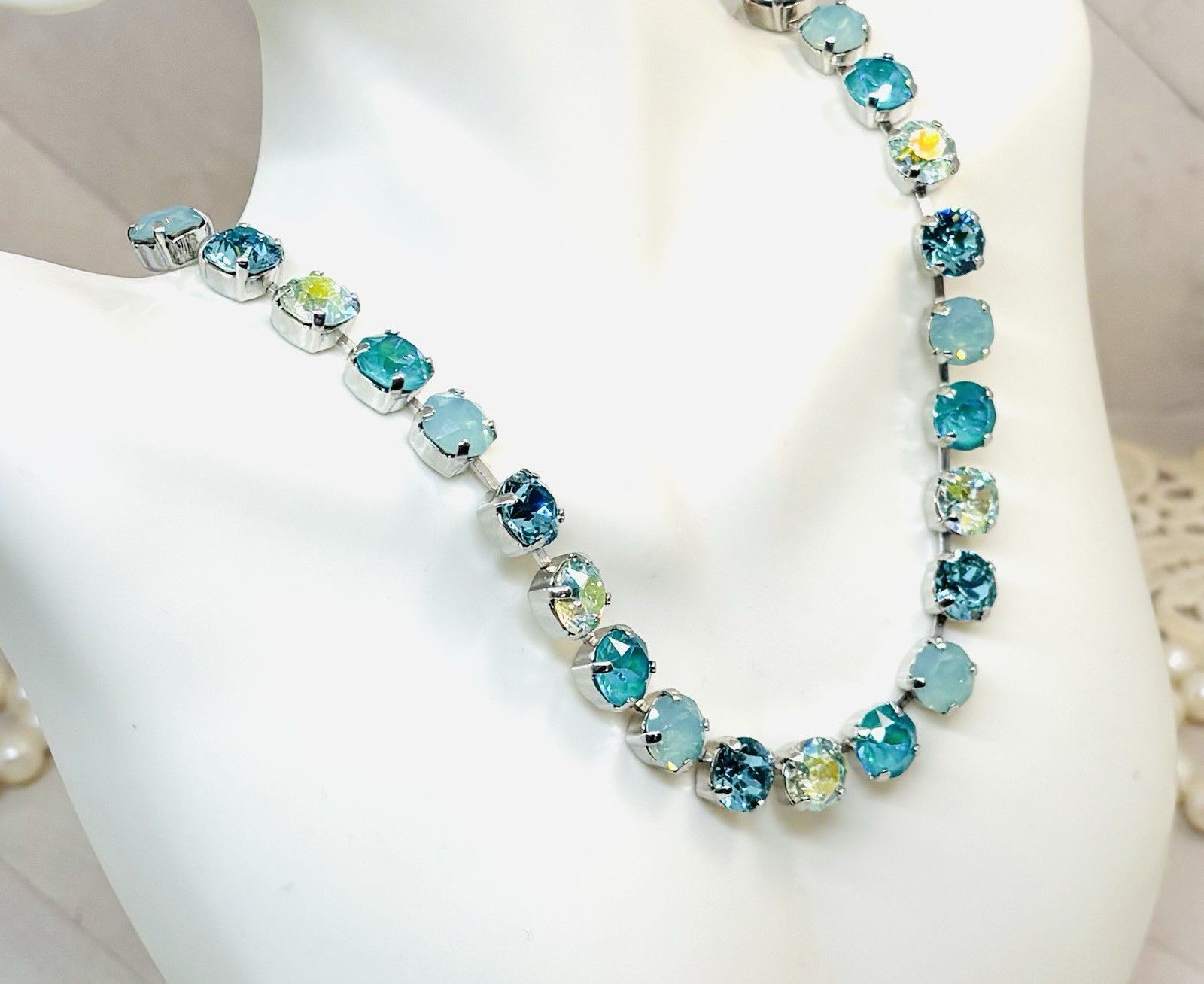 8mm Shiny Silver Plated Mint Green PACIFIC OPAL Teal Cup Chain Tennis Necklace