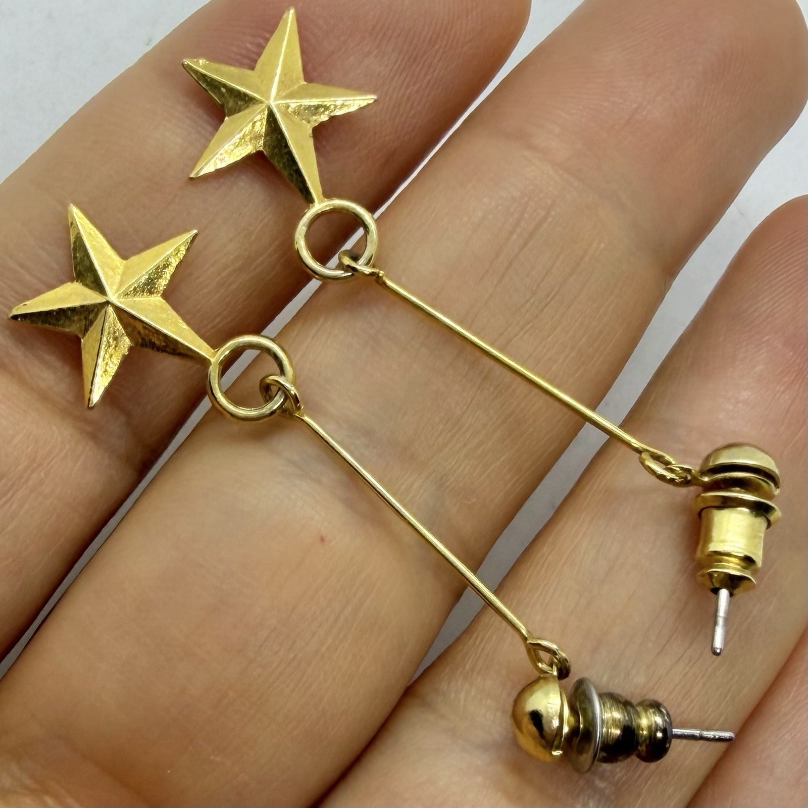 Vtg Art Deco Star Charm Goldtone Drop Dangle Retro Earrings Post Trendy Simple