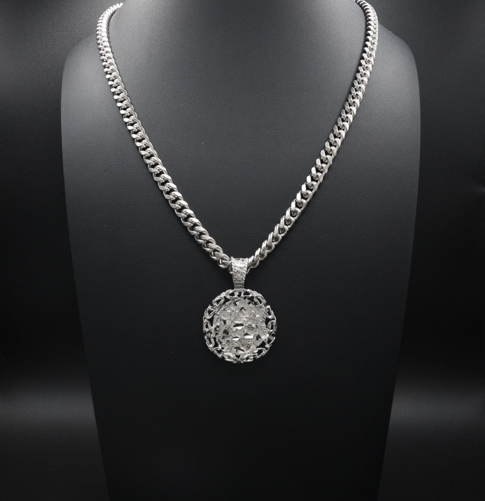 Large Silver Nugget Necklace 7mm Curb Chain Rhodium Plated For Men