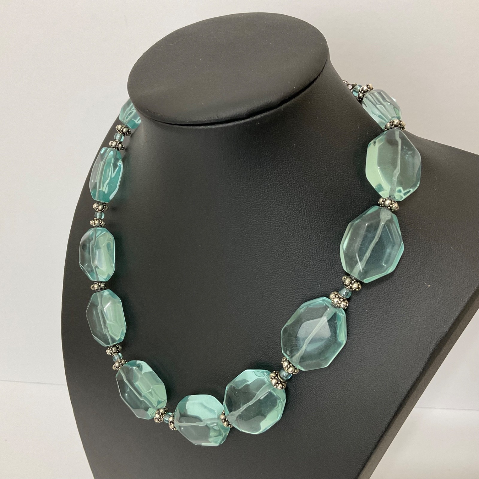 Vtg Aquamarine Glass Faceted Nuggets & Sterling Silver Beaded Necklace Adjusts
