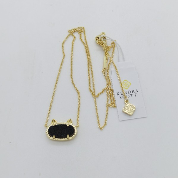 New Kendra Scott Elisa Gold Cat Kitty Pendant Necklace in Black Drusy
