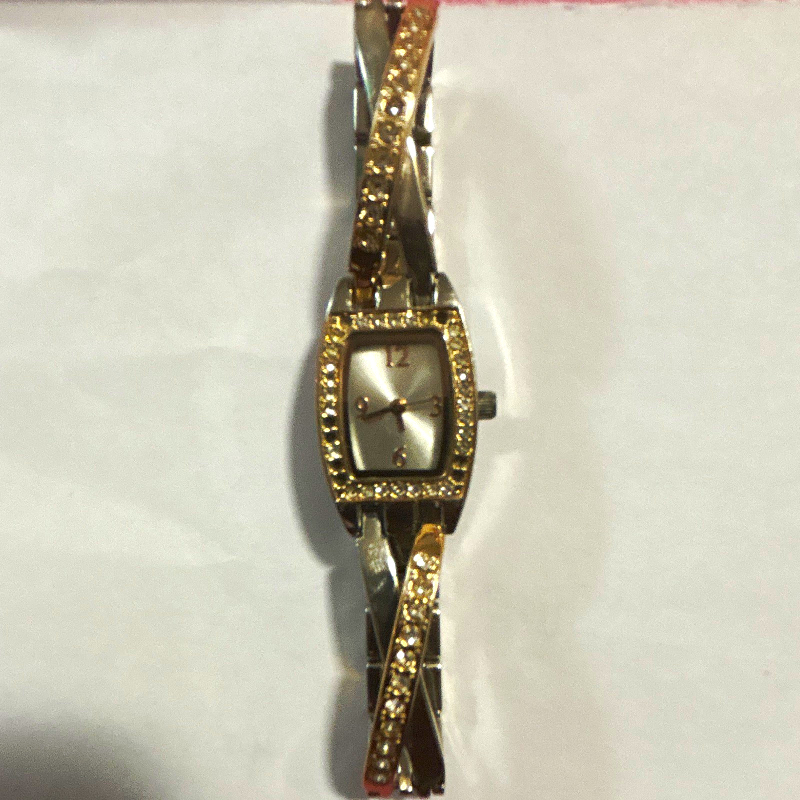 Women’s Two-Tone Metal Bracelet Watch Rectangular Silver Dial Quartz Rhinestones