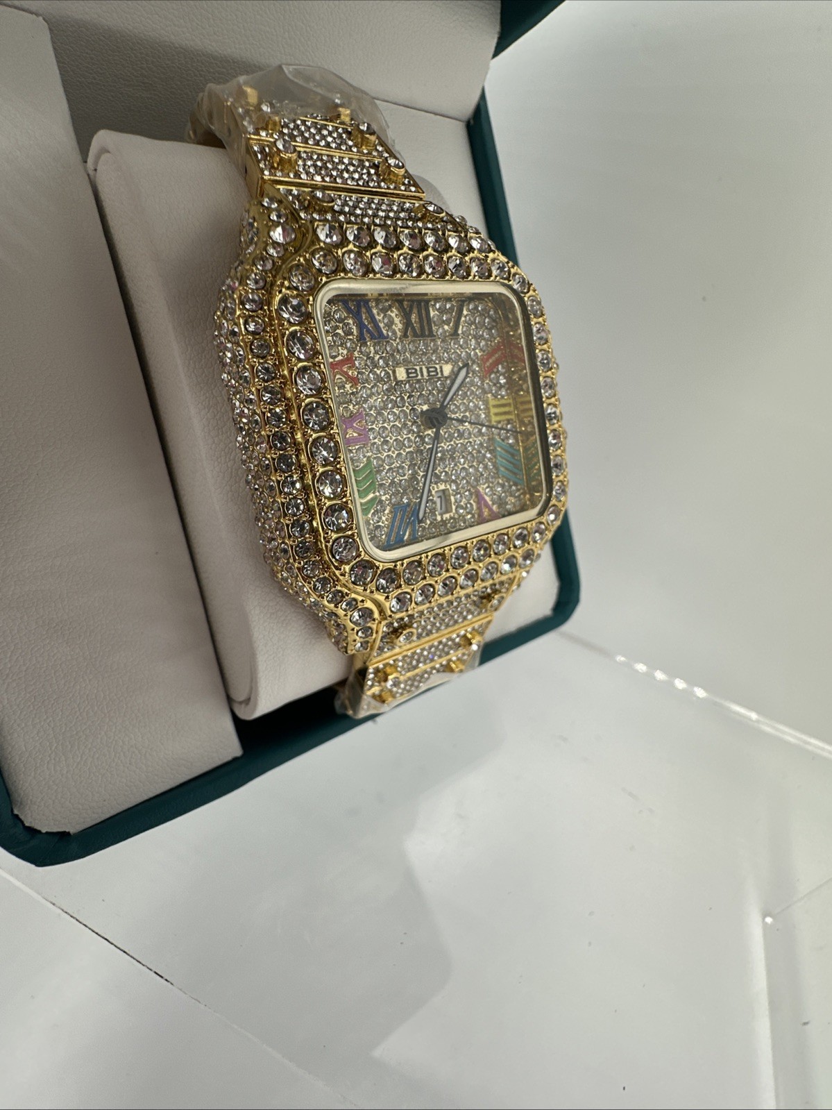 BIBI Men’s Blinged Out Luxury Fashion Watch, Rainbow Roman Numerals , New