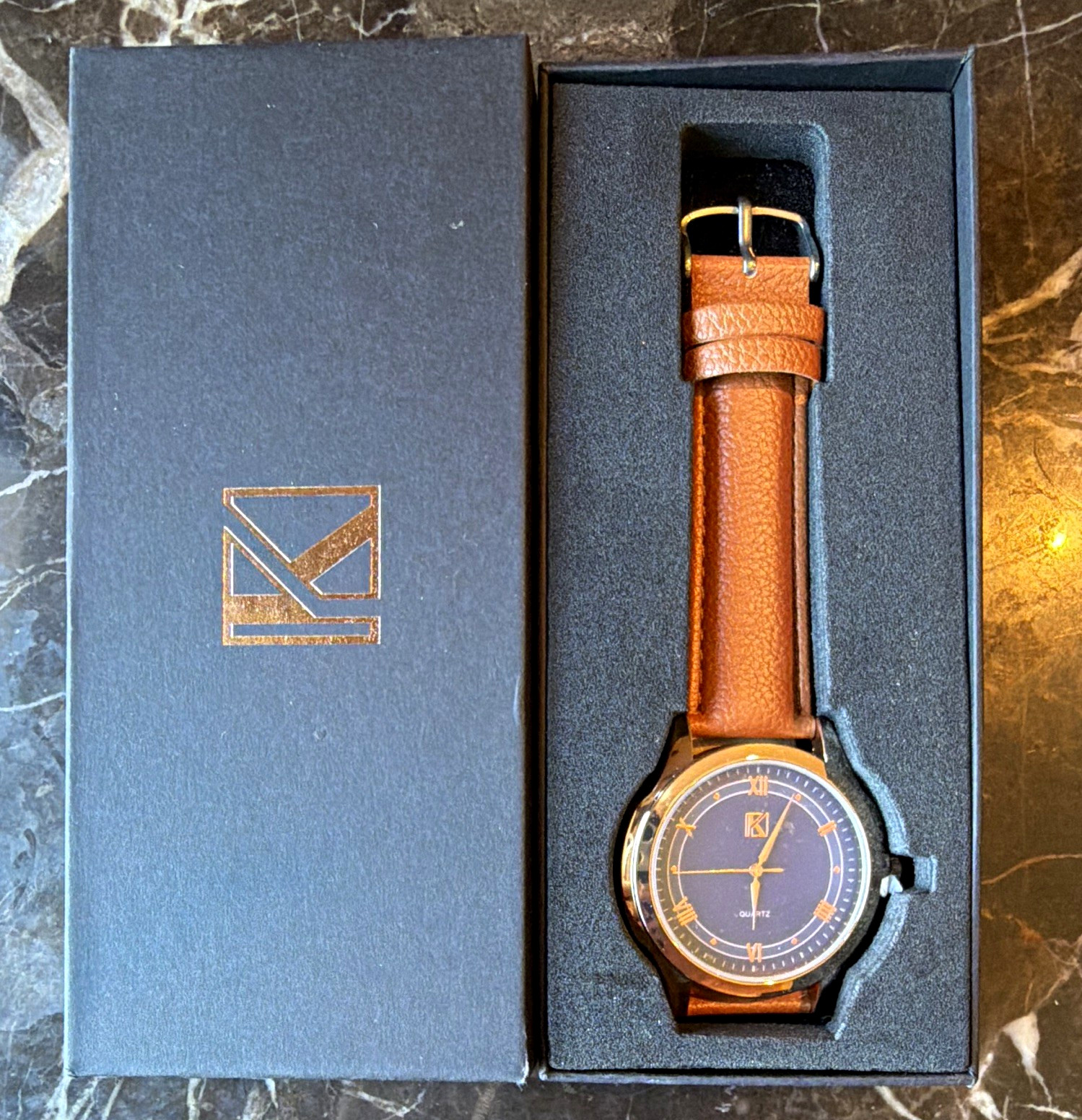 Blue Dial Quartz Watch Roman/Stick Indices Gold Tone Case Brown Leather w/ Box