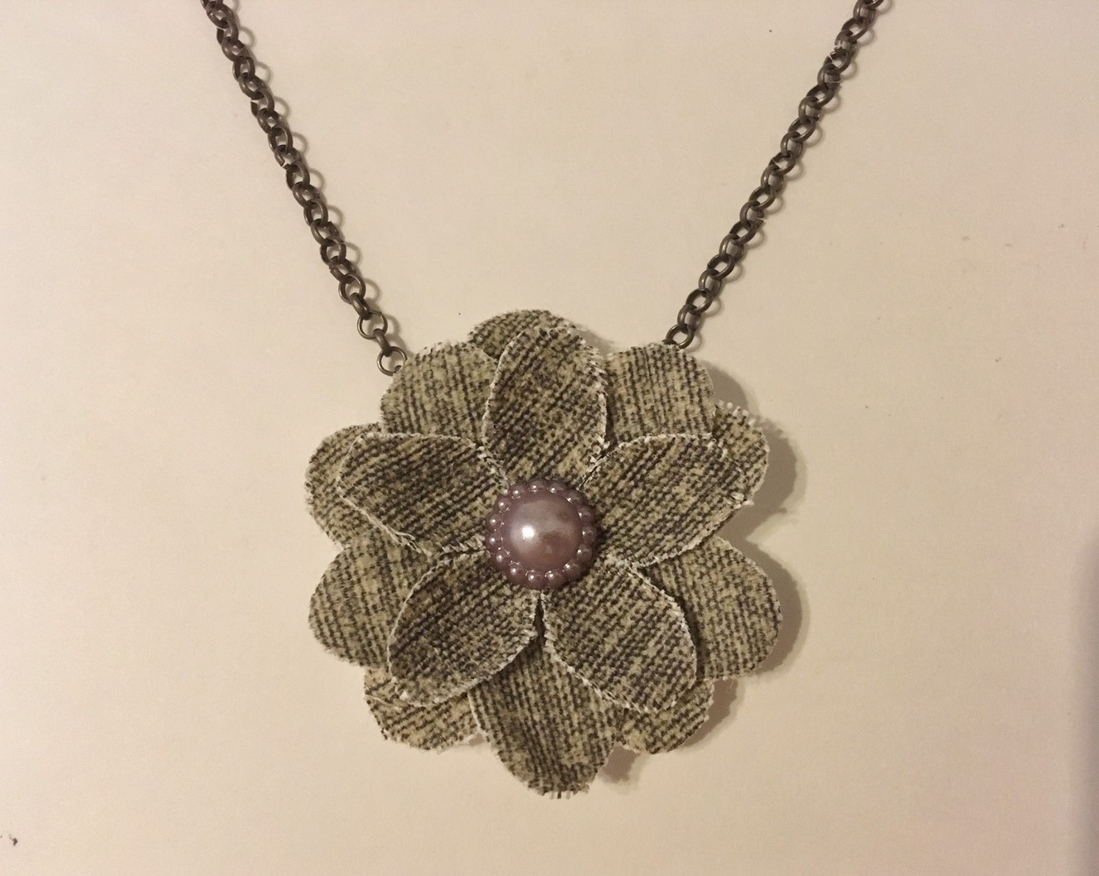 Flower Pendant Chain Necklace Unique Handmade Fabric Floral Pearl Gray Pink New
