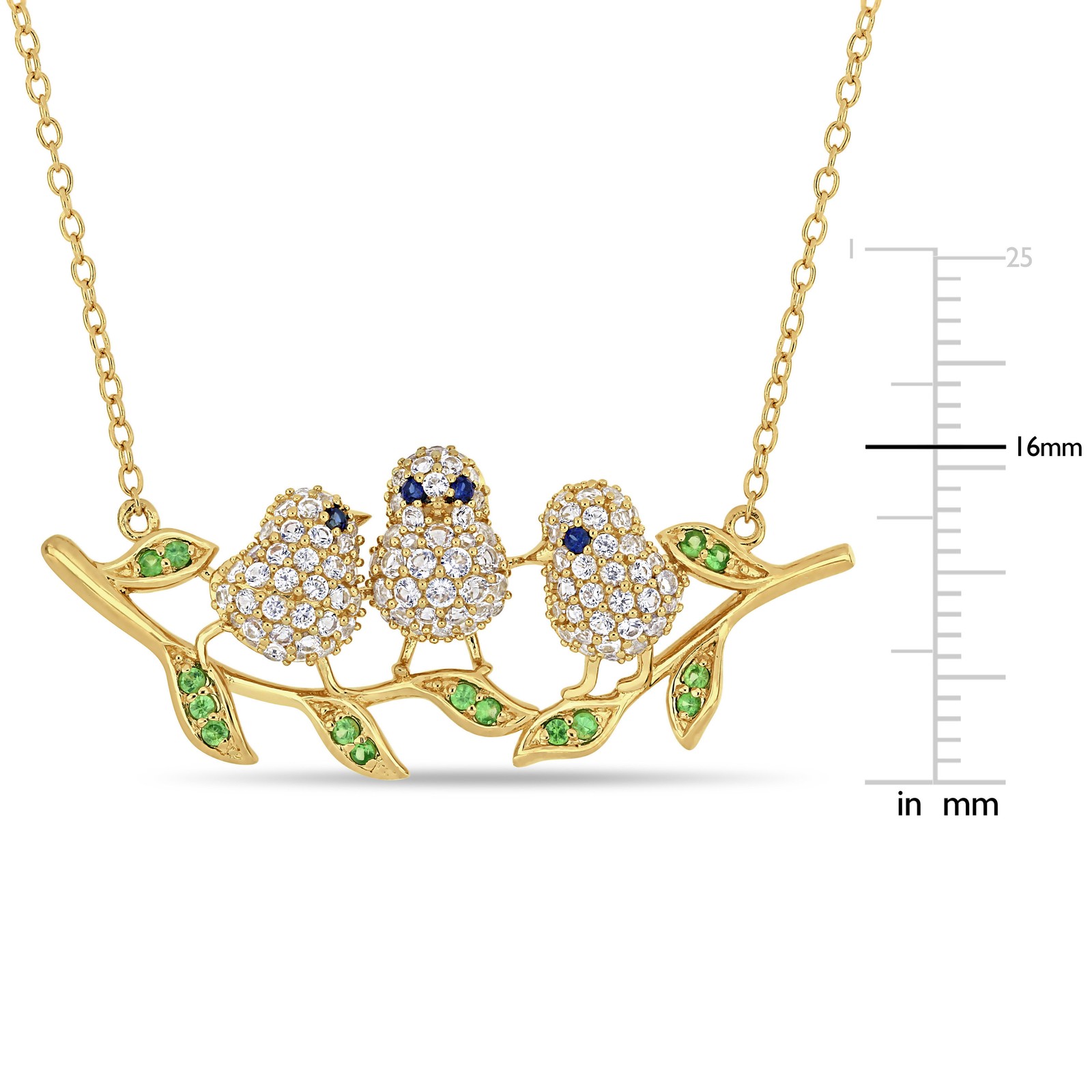 Amour Yellow Plated Sterling Silver with Black Rhodium Gemstone 3-Bird Necklace