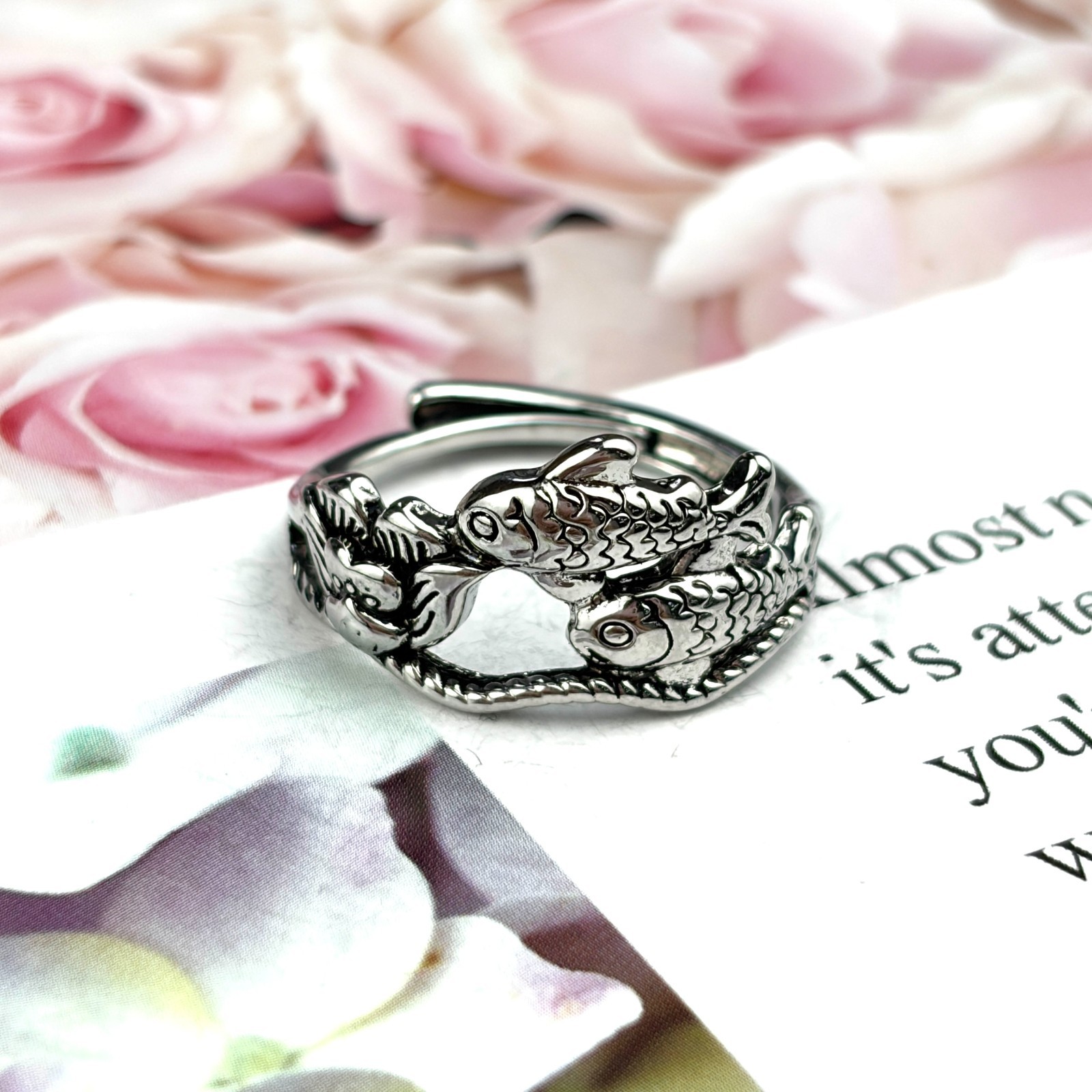 Antique Silver Dual Koi Fish Lotus Adjustable Ring