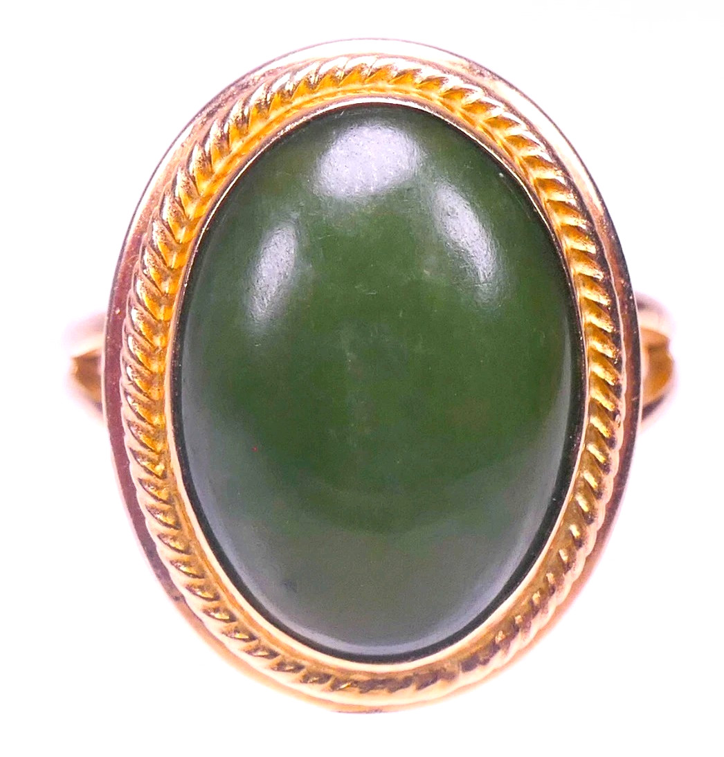 14K Yellow Gold `13.3X9.7mm Oval Jade Cabochon Split Shank Ring Size 4.5 4.10g