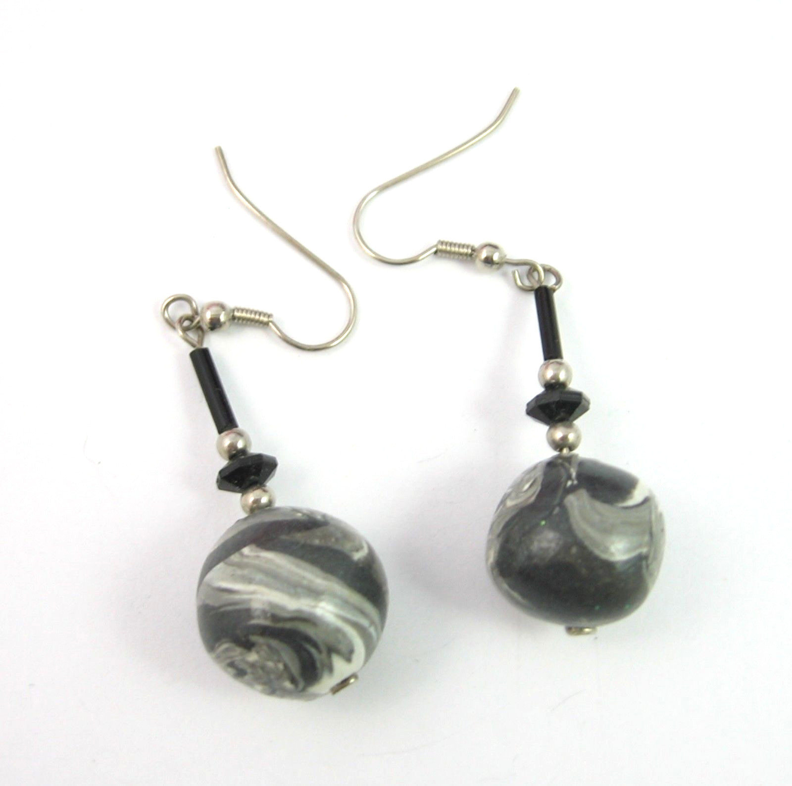 EARRINGS Vintage Pierced GRAY White BLACK MARBLED Beads Handmade Dangle Wires