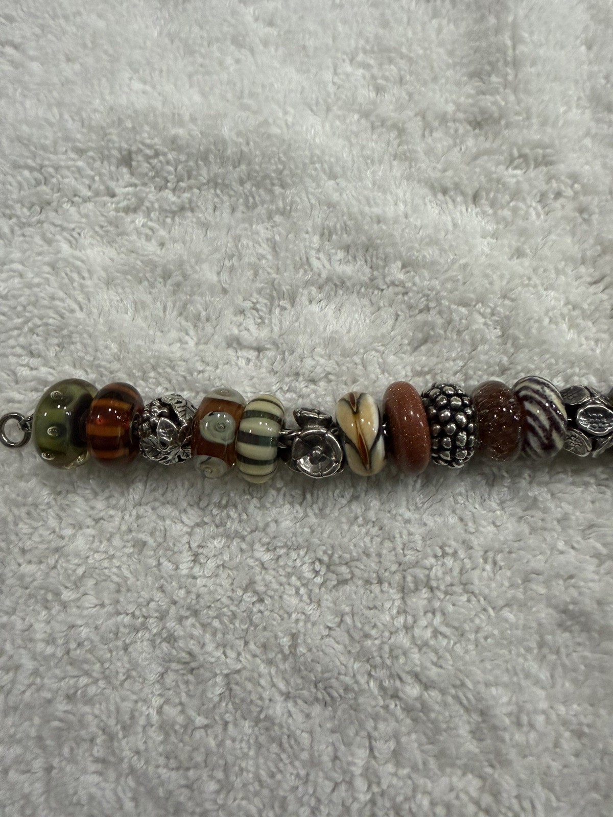 Trollbeads SS 7.5 inch Charm Bracelet with 17 Retired Charms in Browns & Tans