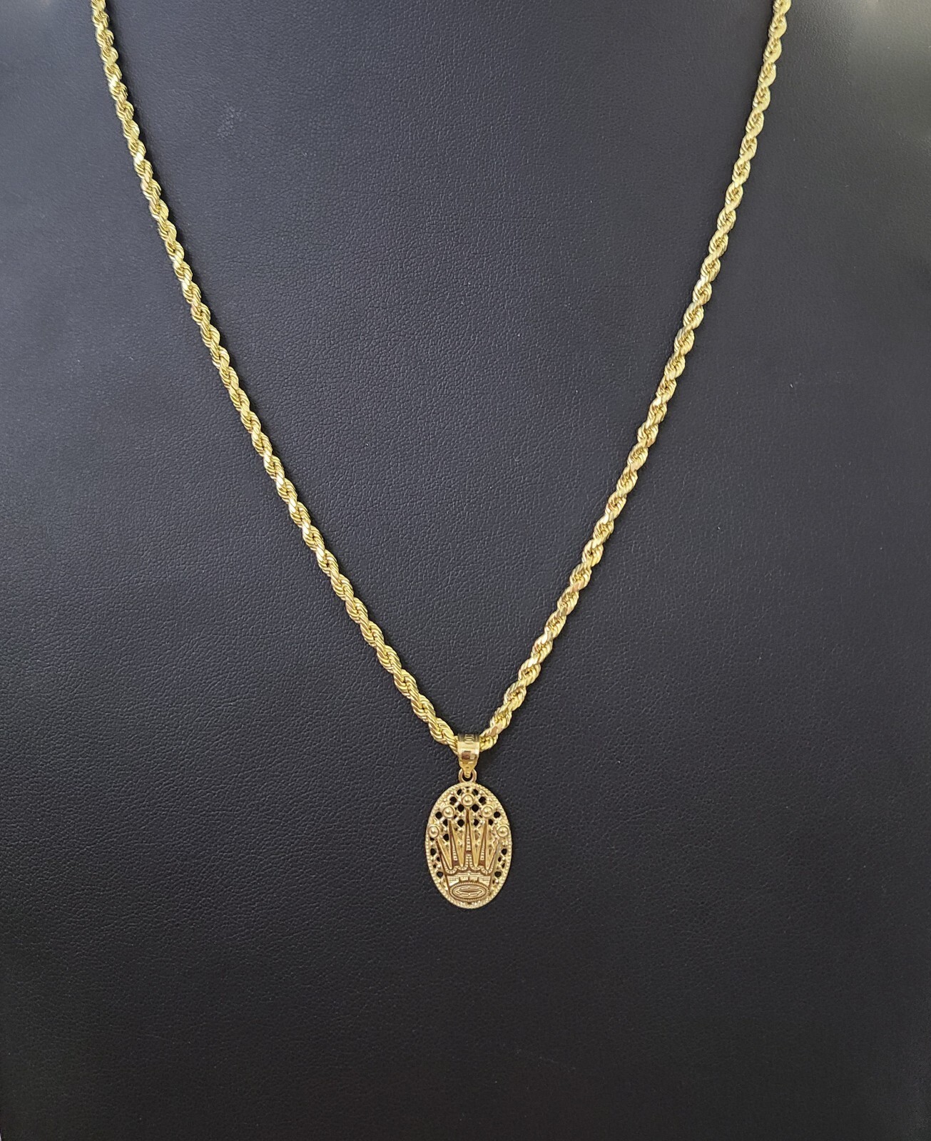 10K Yellow Gold Crown Pendent Charm 3mm Rope Chain 18″ 20″ 22″ 24″ 26″ Inch