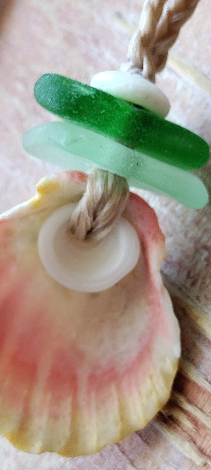 Sunrise Shell & Sea Glass Necklace Braid Beach Aloha Gift Puka Pecten Langfordi