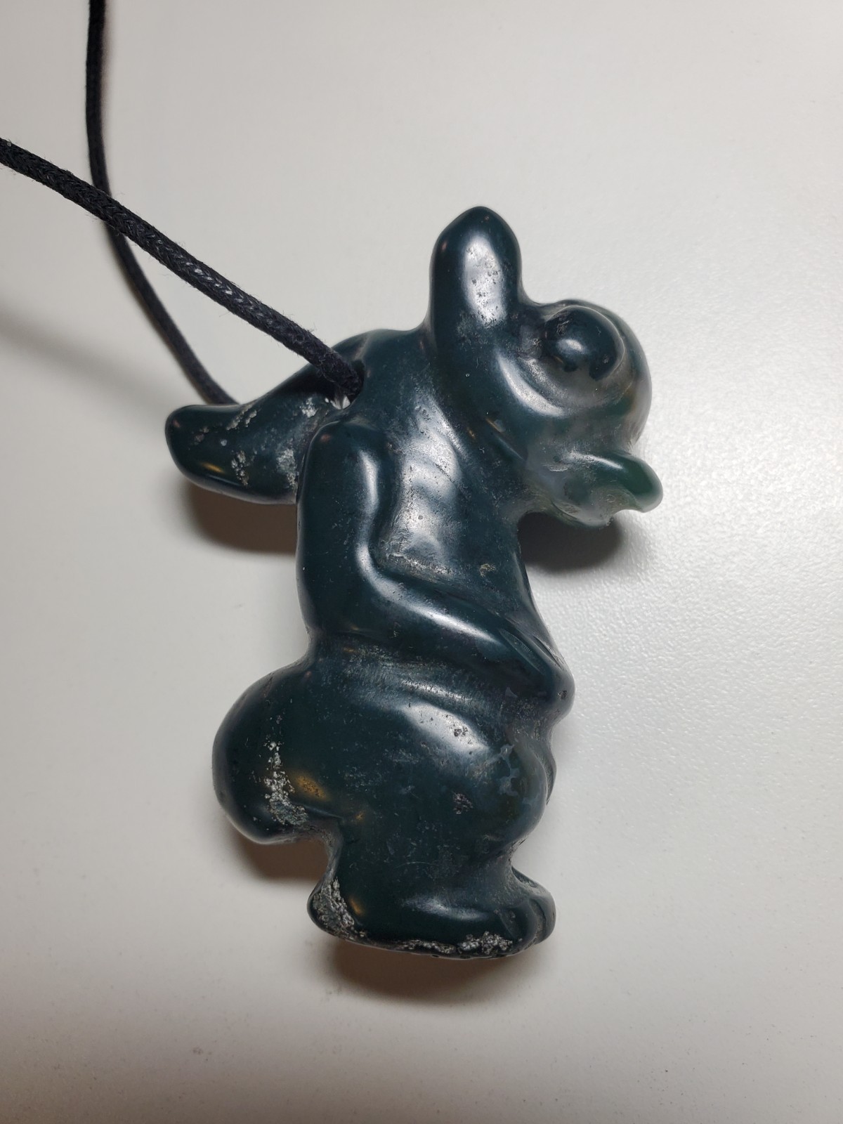 Large Dark Green Stone Winged Horns Amulet Figure Alien Necklace Strange Carving