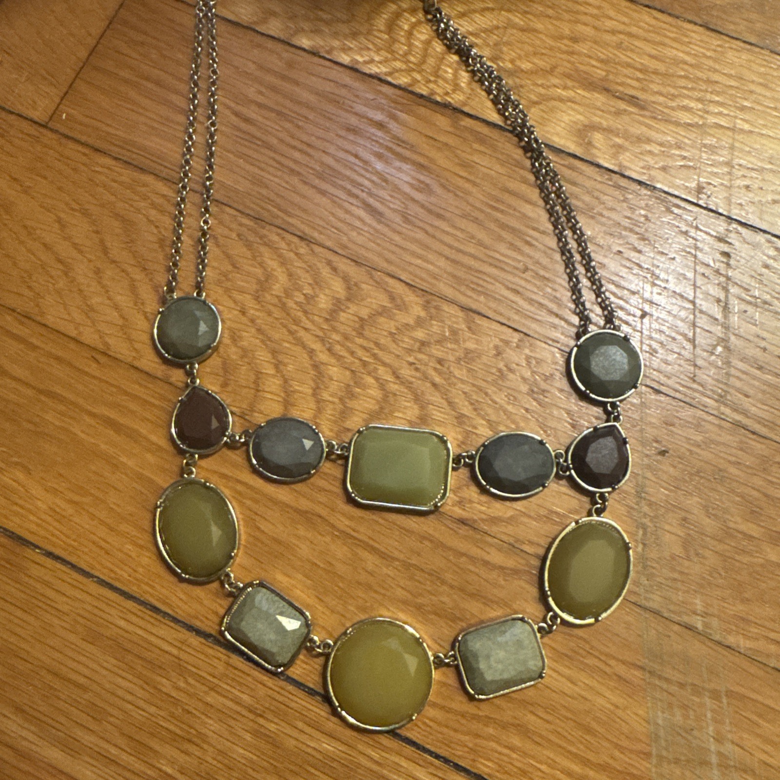 Charming Charlie Bib Statement Necklace 18″+ Muted Jewel Tones Gold, Moss, Plum