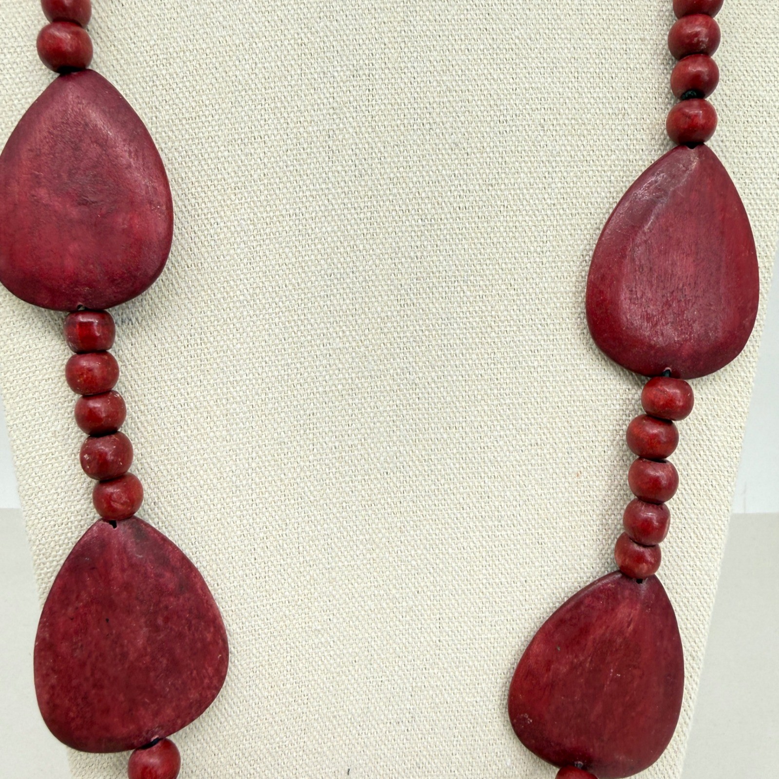 Wood Bead Long Necklace Teardrop Statement Boho Artsy Maroon Burgundy Red