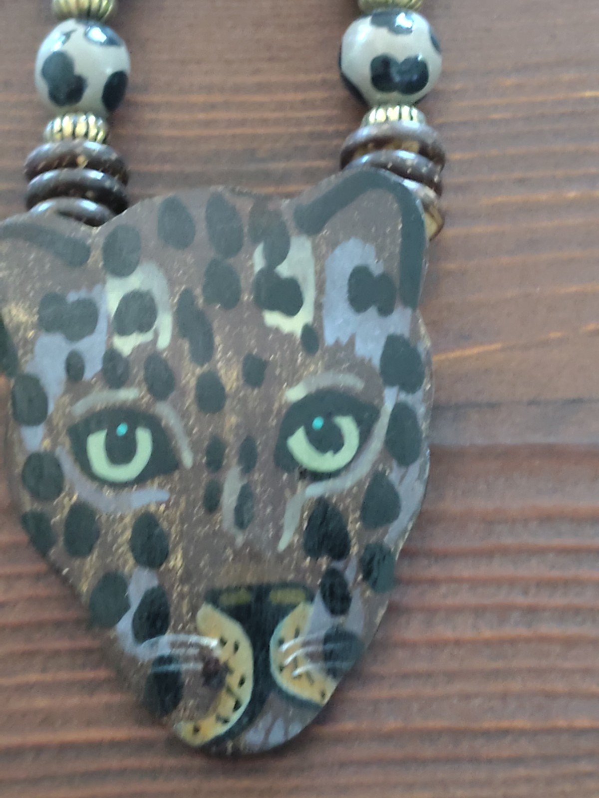 Vintage Hand Painted Leopard Wood – Metal Statement Necklace- Lee Sands