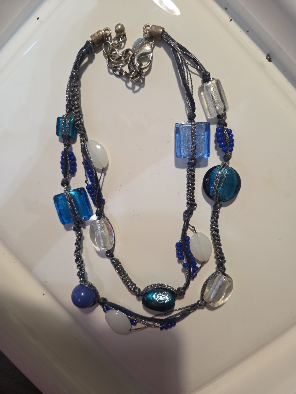 Chico’s Blue Glass Beaded Multi Strand Statement Necklace Adjustable Silver Tone