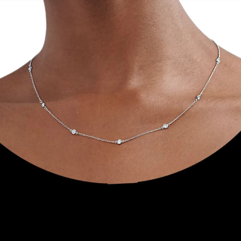 Bezel Set 1.04Ct Round Natural Diamond Women’s Station Necklace 14k White Gold